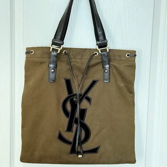 $1295 Authentic YSL Yves Saint Laurent Kahala Made in ITALY Green Canvas Totes - Picture 1 of 13